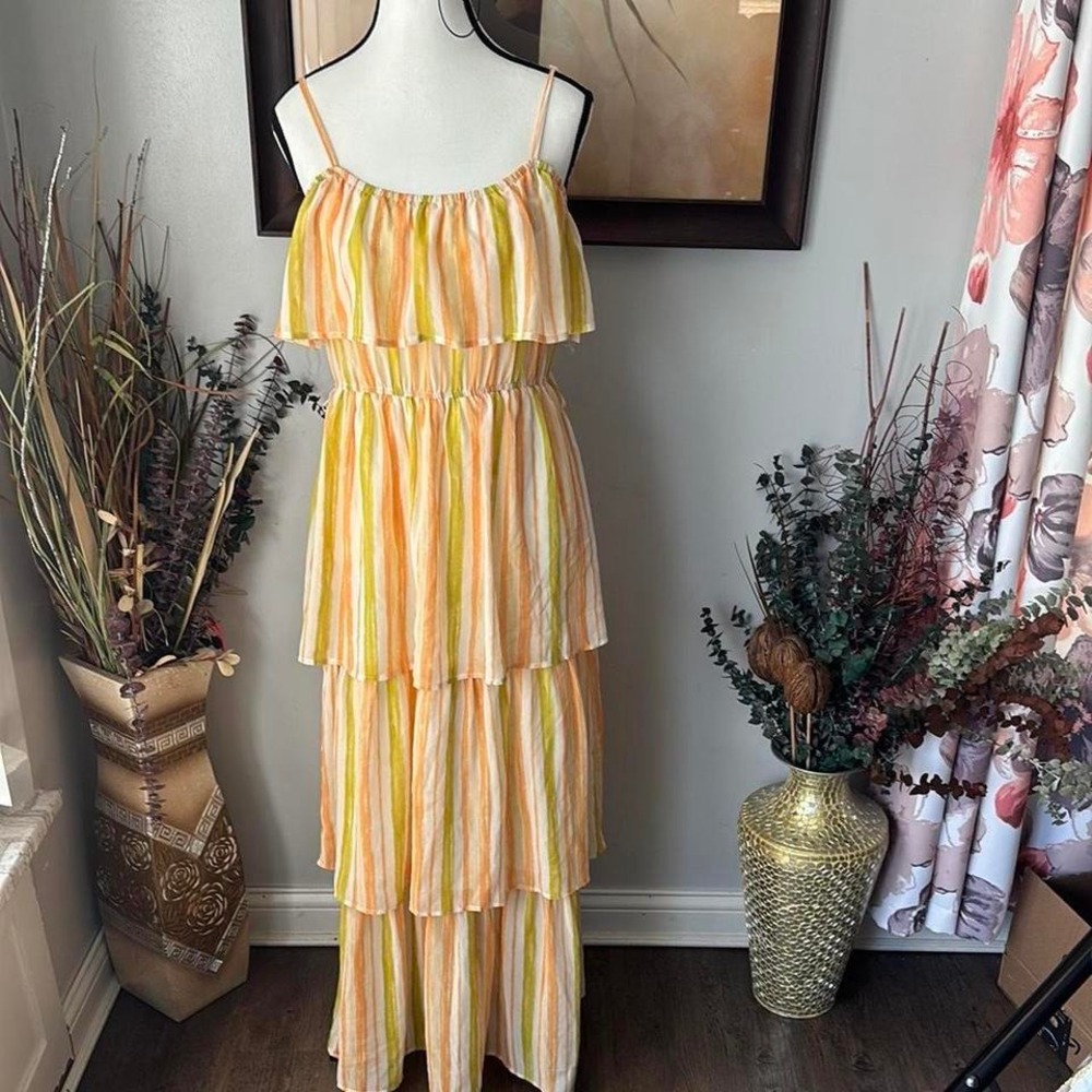 Yellow and pink tiered maxi dress size M